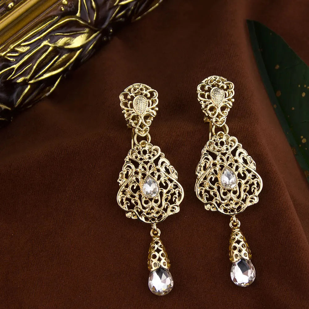 Sunspicems Moroccan Earrings Women'S Wedding Jewelry Crystal Hollow Water Droplet Shapependant Traditional Arab Wedding Jewelry