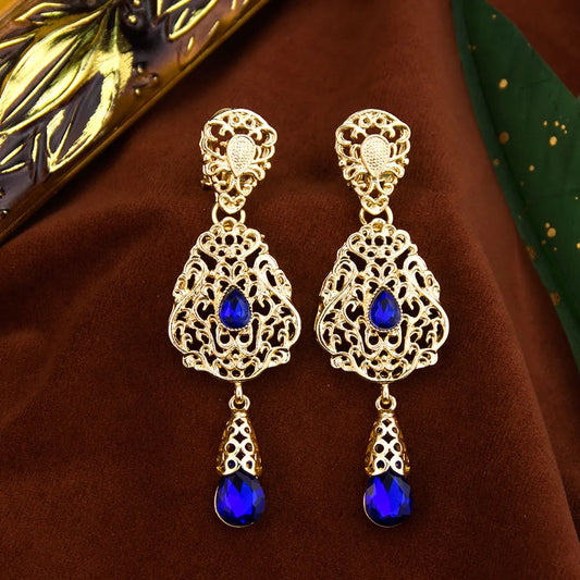 Sunspicems Moroccan Earrings Women'S Wedding Jewelry Crystal Hollow Water Droplet Shapependant Traditional Arab Wedding Jewelry